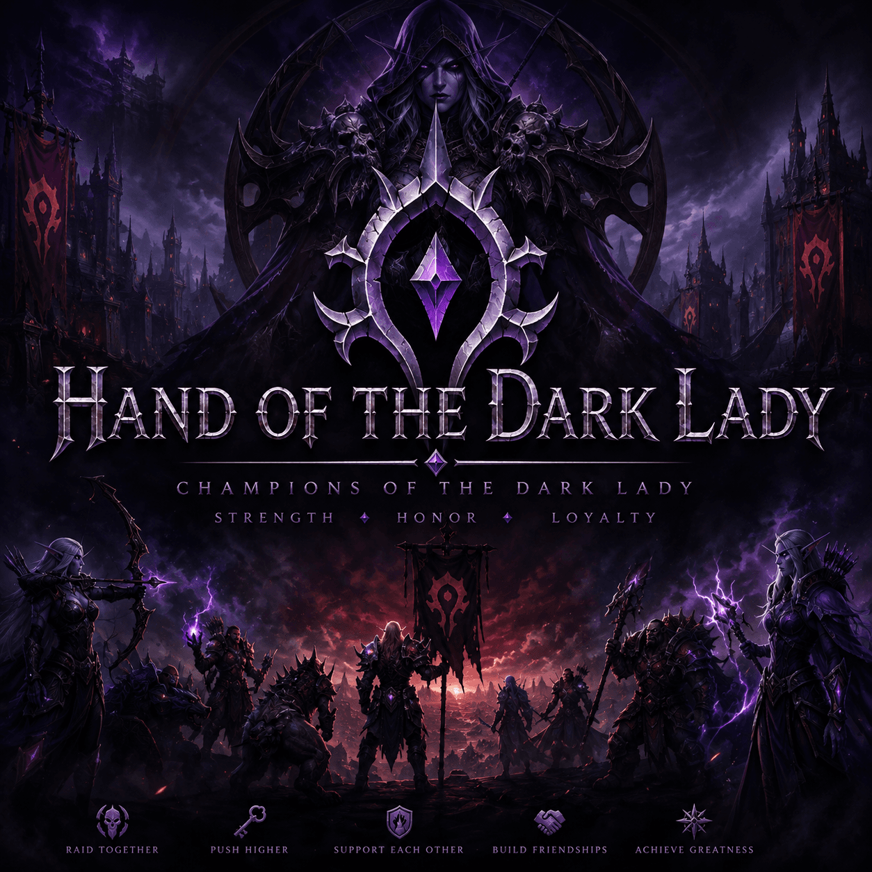 Hand of the Dark Lady guild cover featuring Sylvanas and guild champions